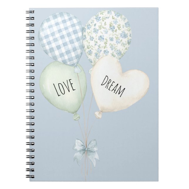 Blue Mint White Heart Love Dream Balloons Notebook (Front)