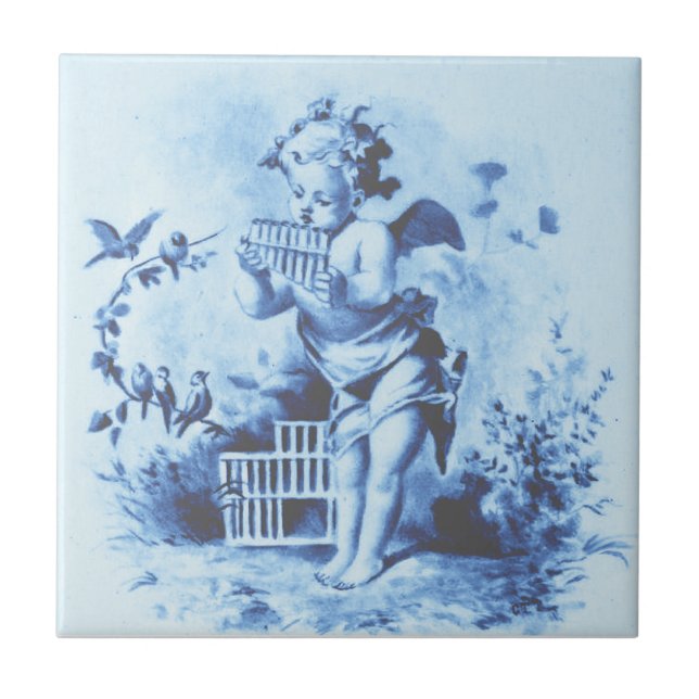 Blue Minton Cherub with Pan Pipes & Birds Repro Tile (Front)