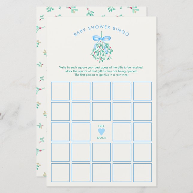 Blue Mistletoe Baby Shower Bingo Game (Front/Back)