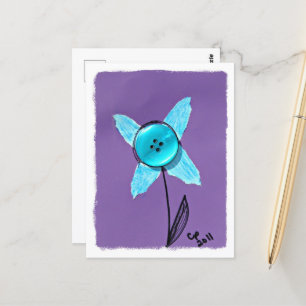 Blue Mixed Media Flower on Purple Postcard