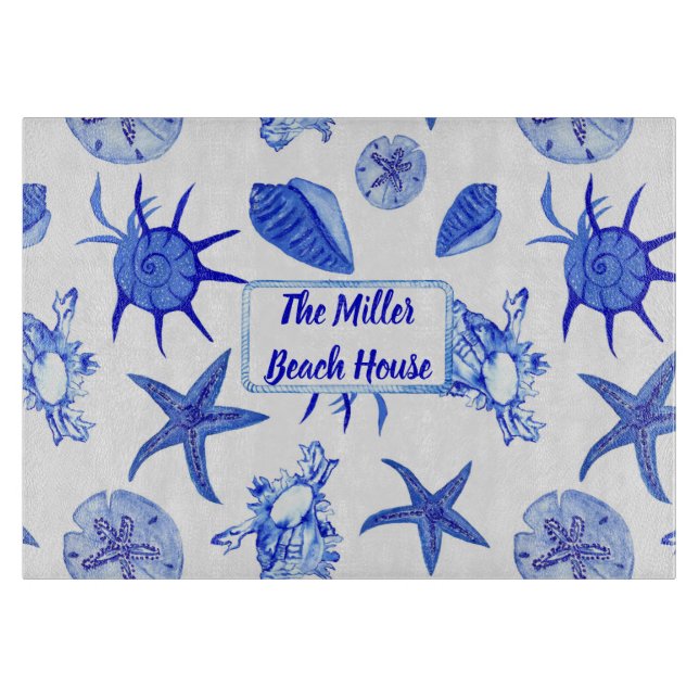 Blue mixed seashell pattern-custom name cutting board (Front)