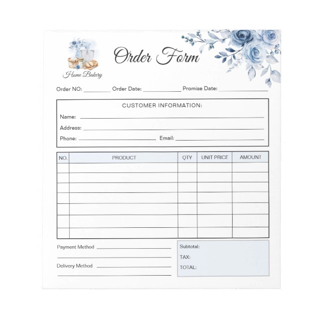 Blue Mixer Sourdough Order Form Receipt Invoice Notepad (Front)