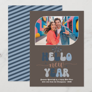 Blue Mocha Hello New Year Blue Retro Photo Holiday Card