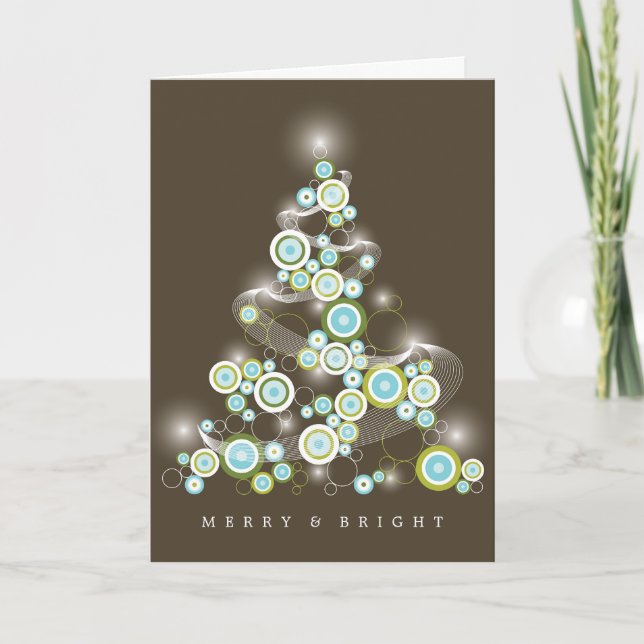 Blue Mod Circles Glowing Abstract Christmas Tree Holiday Card (Front)
