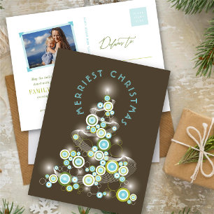 Blue Mod Circles Glowing Abstract Christmas Tree Holiday Postcard