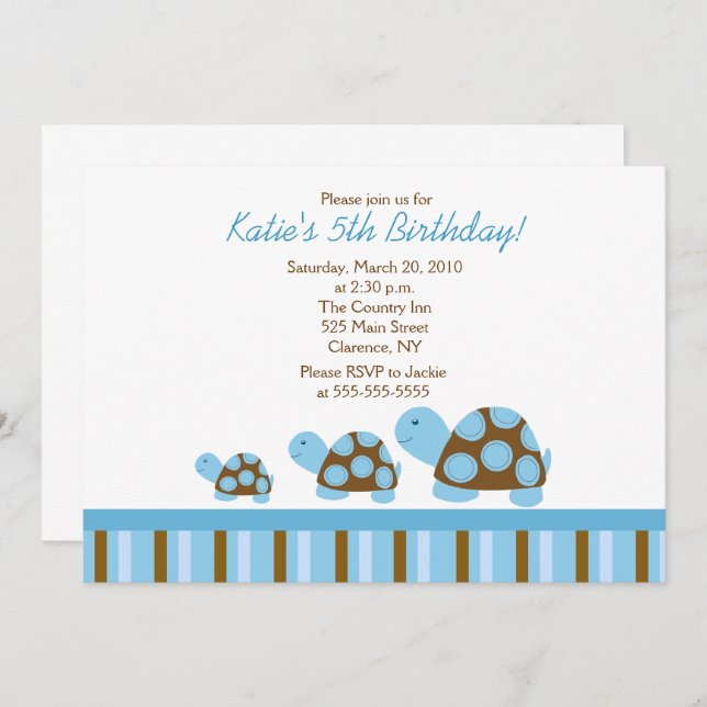Blue Mod Turtles 5x7 Birthday Invitation (Front/Back)