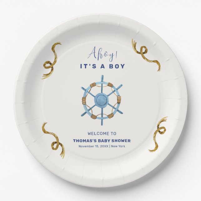 Blue Modern Ahoy Nautical Boy Baby Shower Paper Plate (Front)