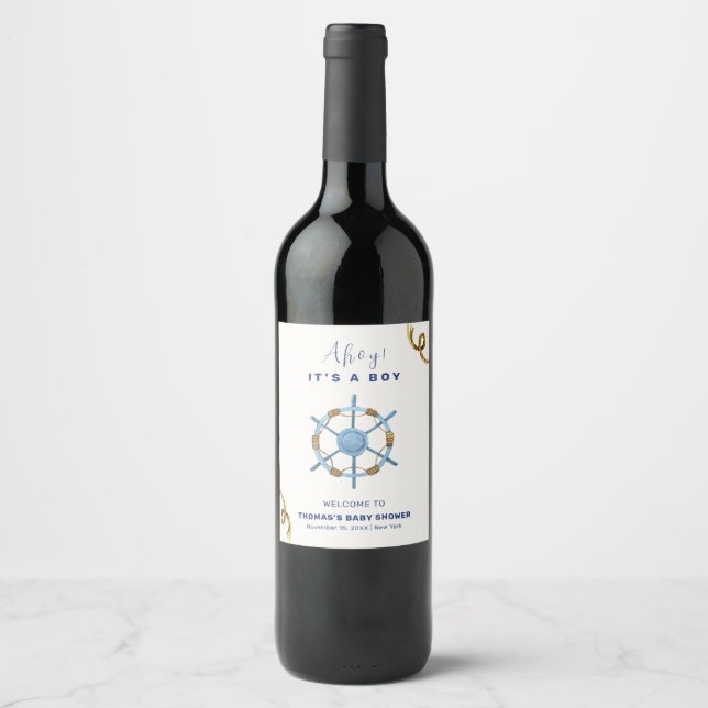 Blue Modern Ahoy Nautical Boy Baby Shower Wine Label (Front)