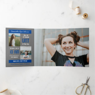 Blue Modern Block 5-Photo Graduation Tri-Fold Invitation