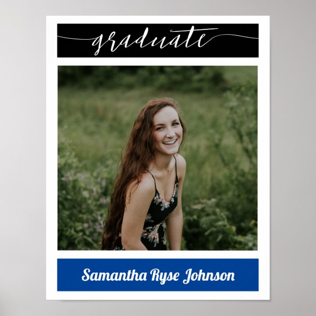 Blue Modern Block Photo Graduation Poster (Front)