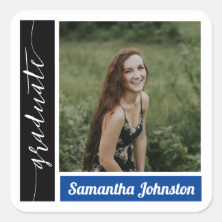 Blue Modern Block Photo Graduation Square Sticker