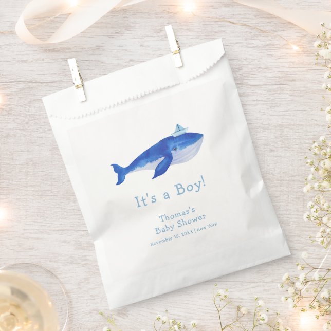 Blue Modern Boy Under The Sea Whale Baby Shower  Favour Bags (Clipped)