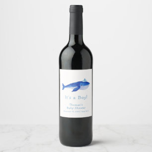 Blue Modern Boy Under The Sea Whale Baby Shower  Wine Label