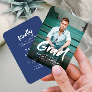 Blue Modern Brush Script Photo Graduation Enclosure Card