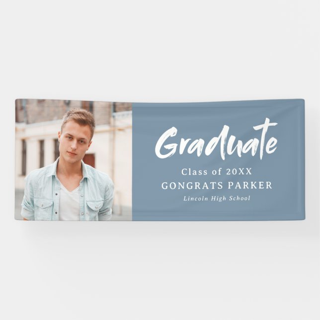 Blue Modern Brush Script Photo Graduation Party Banner (Horizontal)