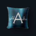Blue Modern Brushed Metal Monogram Name Cushion<br><div class="desc">Modern and Elegant Blue Foil  Brushed Metal Monogram Name and Initial Pillow. The pillow makes the perfect birthday or Christmas gift for someone decorating her room in style.</div>