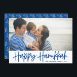 Blue Modern Calligraphy Happy Hanukkah Photo Holiday Card<br><div class="desc">Happy Hanukkah! Send Hanukkah wishes to family and friends with this customizable photo flat card. It features blue modern calligraphy with an olives pattern. Personalize by adding names and a photo. This Happy Hanukkah script card is available in other cardstock.</div>