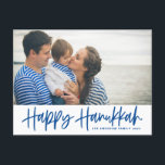 Blue Modern Calligraphy Happy Hanukkah Photo Holiday Postcard<br><div class="desc">Happy Hanukkah! Send Hanukkah wishes to family and friends with this customizable photo postcard. It features blue modern calligraphy with an olives pattern. Personalize by adding names and a photo. This Happy Hanukkah script card is available in other cardstock.</div>