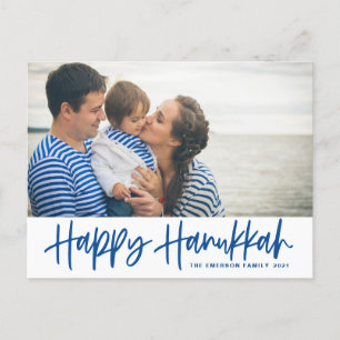 Blue Modern Calligraphy Happy Hanukkah Photo Holiday Postcard