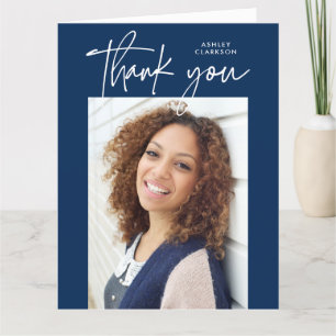 Blue Modern Calligraphy Photo Graduation Folded Thank You Card