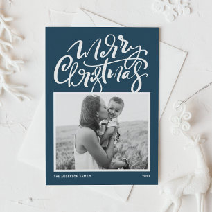 Blue Modern Calligraphy Photo Merry Christmas Holiday Card