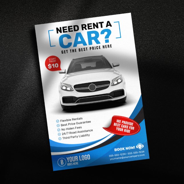 Blue Modern Car Hire Car Rental Car Rent Flyer (Creator Uploaded)