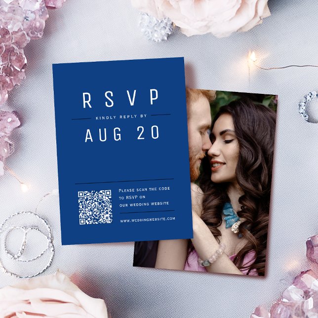 Blue Modern Chic Simple Typography QR code RSVP Card (Blue Modern Chic Simple Typography QR code RSVP Card)