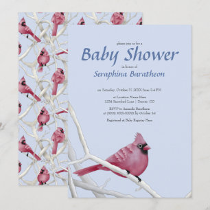 Blue Modern Christmas Cardinal Bird Baby Shower Invitation