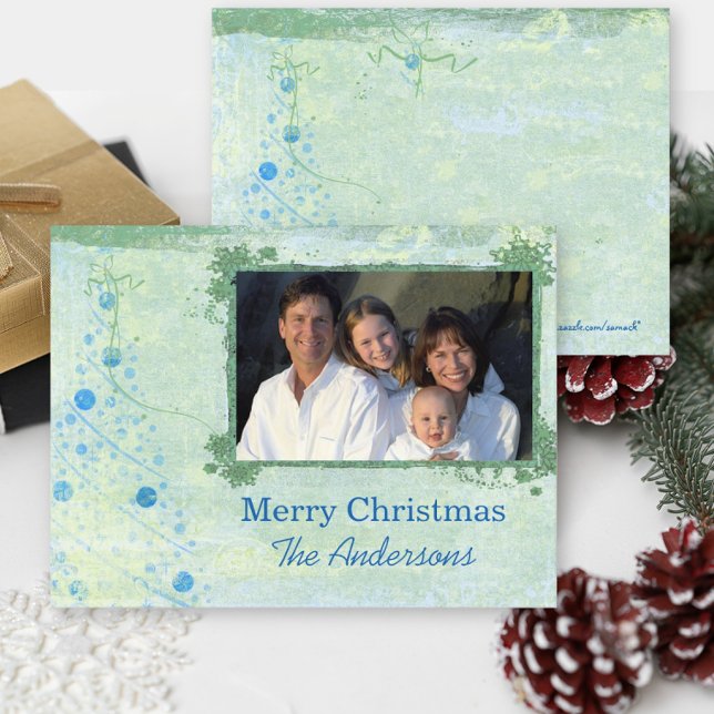 Blue Modern Christmas Tree Family  Photo Postcard (Creator Uploaded)
