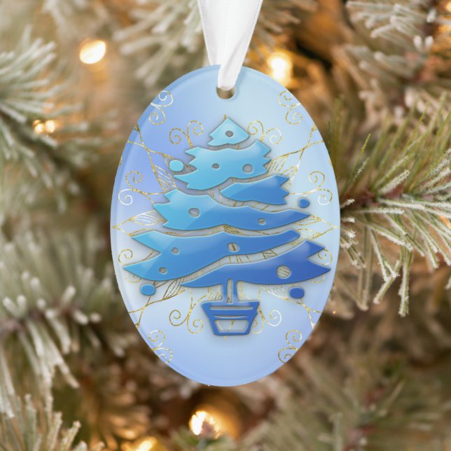 Blue Modern Christmas Tree On Blue Ornament (Tree)