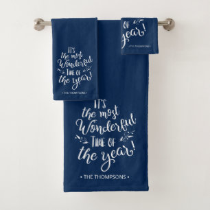 Blue Modern Christmas Typography Personalized Bath Towel Set