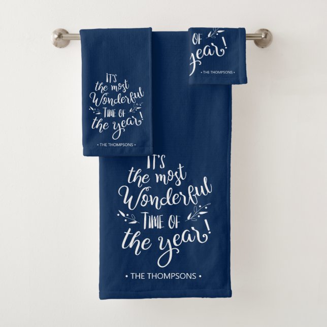 Blue Modern Christmas Typography Personalized Bath Towel Set (Insitu)