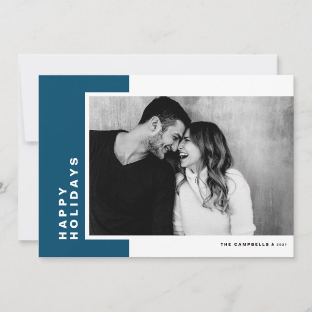 Blue Modern Colour Block Happy Holidays Photo Holiday Card (Front)