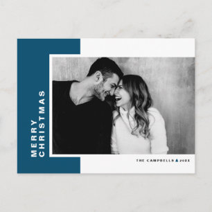 Blue Modern Colour Block Photo Merry Christmas Holiday Postcard