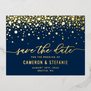 Blue Modern Confetti Dots Gold Foil Save the Date Invitation Postcard