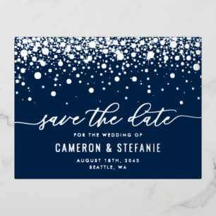 Blue Modern Confetti Silver Foil Save the Date Invitation Postcard