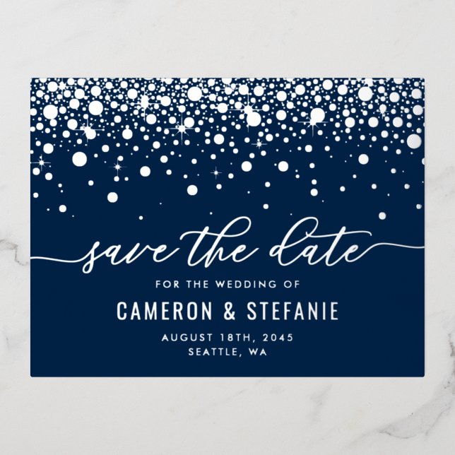 Blue Modern Confetti Silver Foil Save the Date Invitation Postcard (Front)