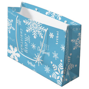 Blue Modern Custom Name Christmas Holiday Snow Large Gift Bag
