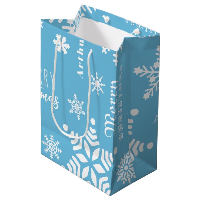 Blue Modern Custom Name Christmas Holiday Snow Medium Gift Bag (Front Angled)