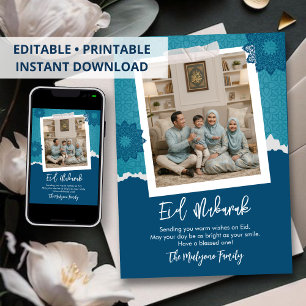Blue Modern Eid Mubarak Photo Card Scrapbook Style