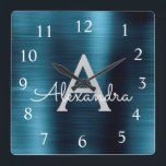 Blue Modern Elegant Metallic Monogram Name<br><div class="desc">Modern and Elegant Blue Faux Stainless Steel Foil Monogram Name and Initial Personalised Custom Wall Clock. The Wall Clock makes the perfect gift for someone who loves trendy chic metallic decor to give as a Christmas or Birthday Gift.</div>