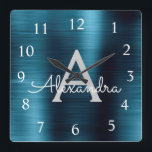 Blue Modern Elegant Metallic Monogram Name Square Wall Clock<br><div class="desc">Modern and Elegant Blue Faux Stainless Steel Foil Monogram Name and Initial Personalised Custom Wall Clock. The Wall Clock makes the perfect gift for someone who loves trendy chic metallic decor to give as a Christmas or Birthday Gift.</div>