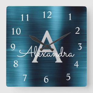 Blue Modern Elegant Metallic Monogram Name Square Wall Clock