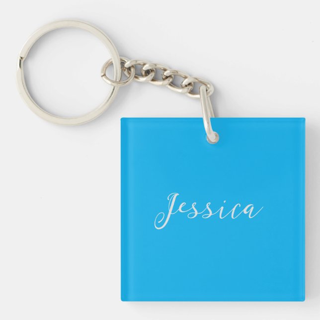 Blue Modern Elegant Plain Simple Professional Name Key Ring (Front)
