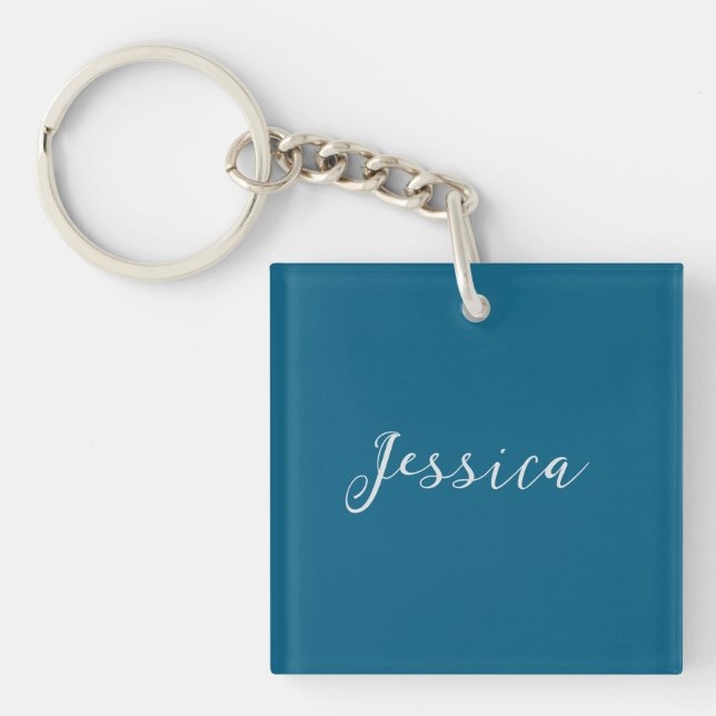Blue Modern Elegant Plain Simple Professional Name Key Ring (Front)
