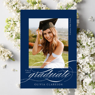 Blue Modern Elegant Script Photo Graduation Announcement