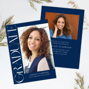Blue Modern Elegant Vertical Two Photo Graduation Invitation
