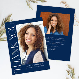 Blue Modern Elegant Vertical Two Photo Graduation Thank You Card