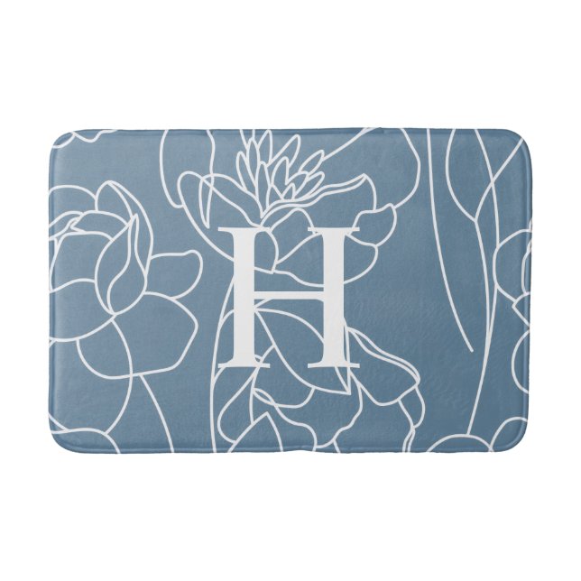 Blue Modern Elegant Wildflower Monogram Bath Mat (Front)