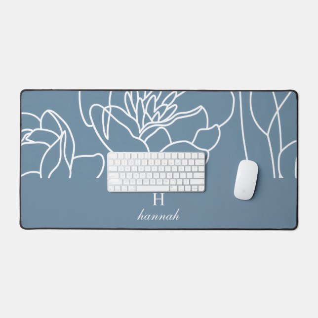 Blue Modern Elegant Wildflower Monogram Name Desk Mat (Keyboard & Mouse)